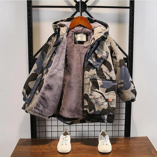 Boys Jacket Autumn and Winter Clothes Children's Quilted Plus Velvet Thick Windbreaker Foreign Style Camouflage Printed Cotton Jacket