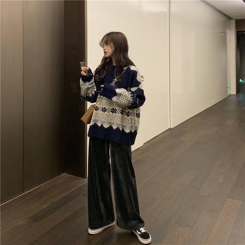 Autumn and Winter Loose Sweater Women's Fashion Wild Diamond-shaped Jacquard Pullover Top