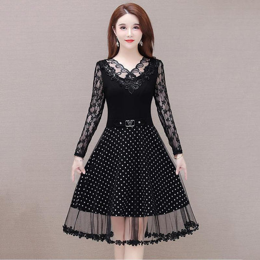 Spring and Summer Black V-neck Lace Stitching Dress Mesh Large Size Waist Skirt A-line Dress Covering Belly Mid Skirt