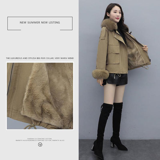 Parker Overcome Female Imitation Fox Big Fur Collar Lamb Wool Short Frock Coat with Velvet To Keep Warm and Comfortable