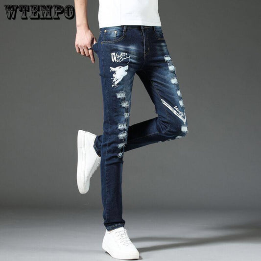 Men's Jeans Fashion Skinny Slim Painting Zipper Jeans