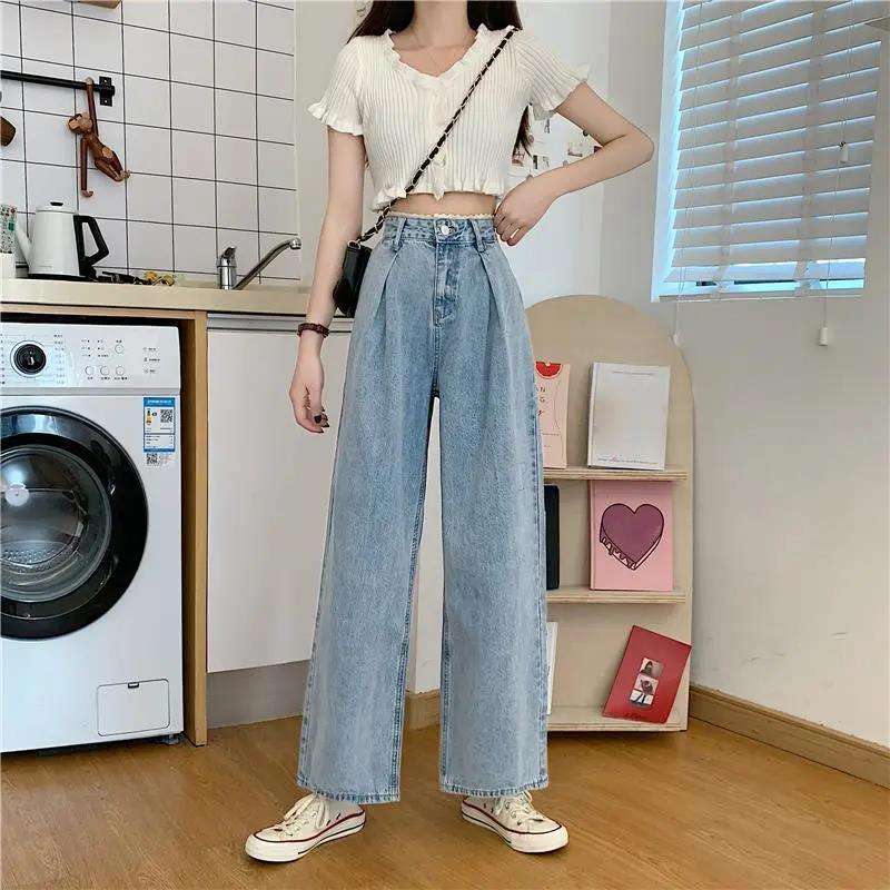 Spring and Autumn Jeans Women's Lace High Waist Thin Wide Leg Daddy Pants Straight Loose Mopping Pants High Waist Casual Pants