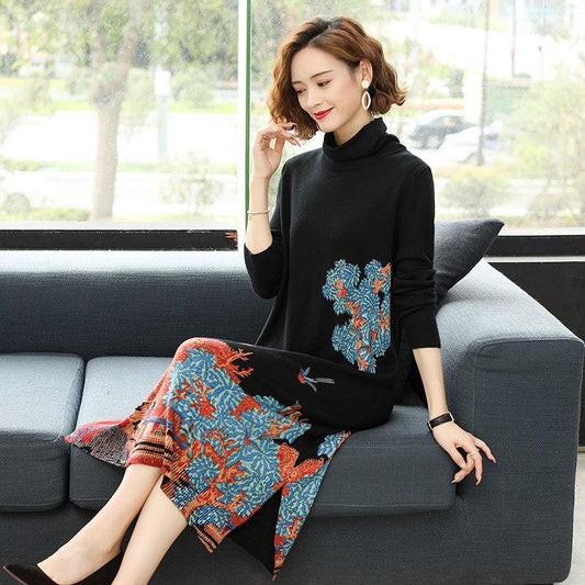 Ethnic Style Women's Printed Knit Dress Turtleneck Woollen Sweater Plus Size A-line Long Sweater Dress Loose Bottoming Sweater