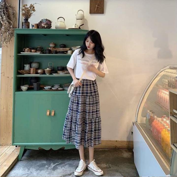 Plaid Long Skirt Women Cotton Linen Skirts Casual Women Pleated Maxi Skirts Stretch Waist Elegant