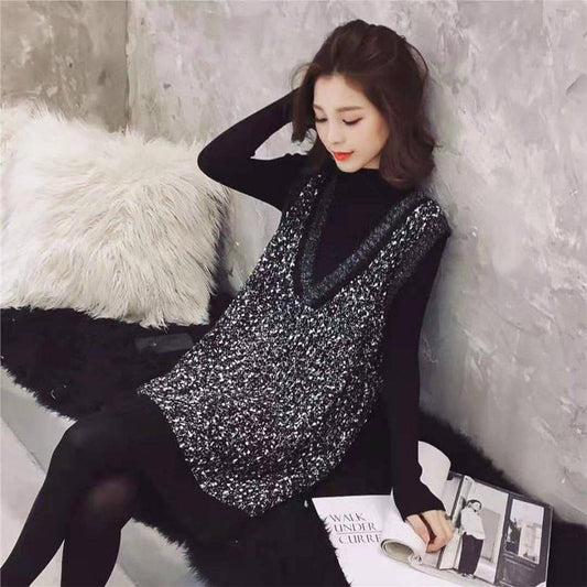 Women Chic Mid-length Loose V-neck Tank Top Sweater Knitted Bright Silk Vest Skirt Dress