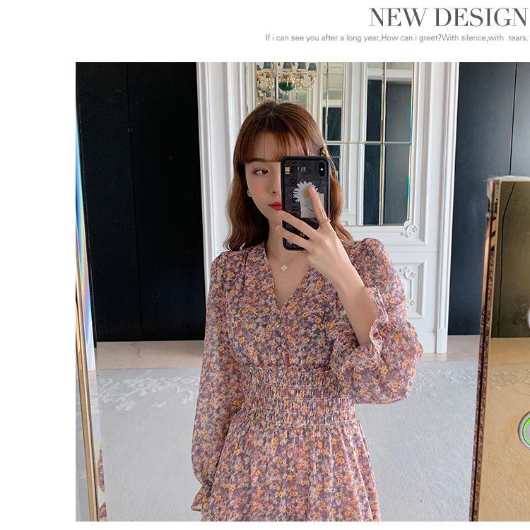 2020 Spring Chiffon Midi Dress Korean Floral Printing Ruffles Dress Hem Elegant Party Vestidos
