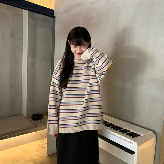 Autumn and Winter College Style Striped Round Neck Sweater Female Students Loose and Thin Mid-length Sweater Coat