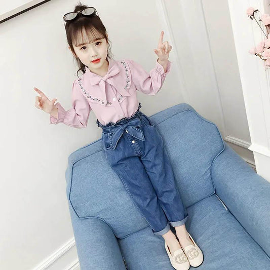 Girls' Spring and Autumn Suits Korean Version Cute and Sweet Style Suits Bow Tie Decoration Long-sleeved Shirts and Jeans Two-piece Suits