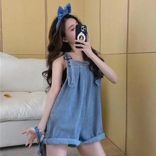 Denim Suspenders Shorts Women's Summer Design Sense Small One-piece Pants High Waist Loose Wide-leg Pants