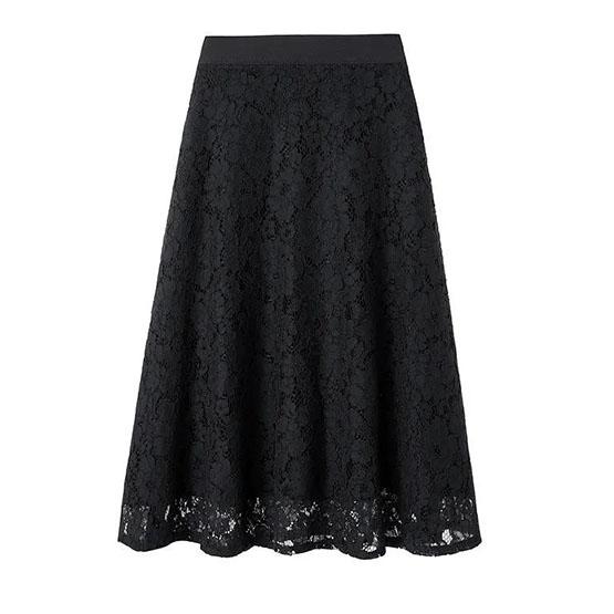 Women Spring Summer Skirt Gauze Pleated Mid-length High Waist Slim Solid Color Hook Flower Hollow Lace A-line Skirt