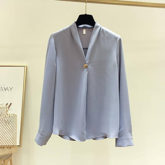 White Shirt Temperament Was Thin V-neck Long-sleeved Loose Solid Color Shirt Female Super Fairy Blouse Work Clothes Suit with Shirt