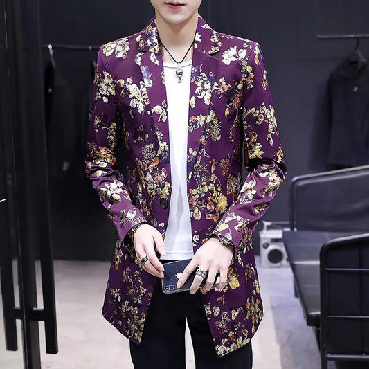 Trend Floral Print Windbreaker Spring Casual Slim Coat V-neck Business Suit Parka Long