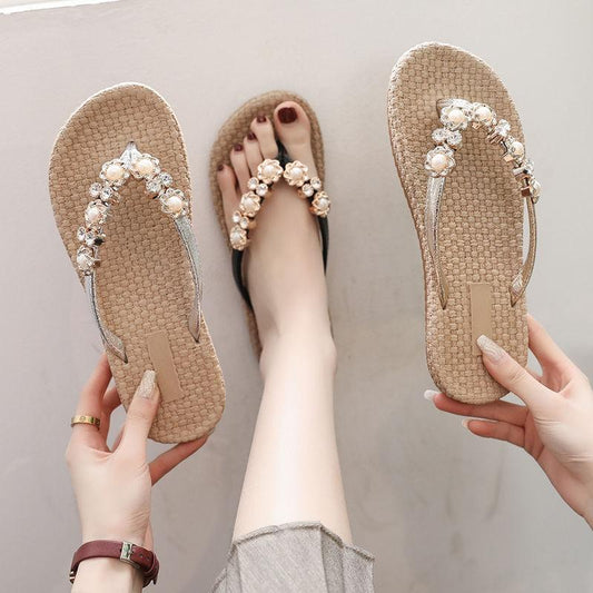 Ladies Sandals and Slippers Fashion Decoration Flip-Flops All-match Outer Wear Beach Flats