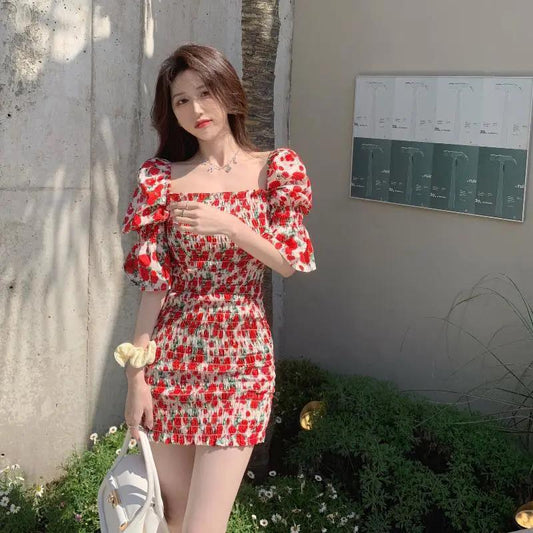 Women's Summer Slim Skirt Floral Square Neck Puff Sleeve Dress