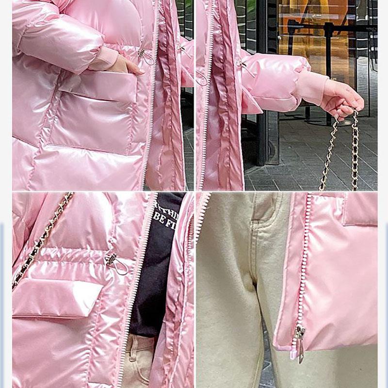 Down Cotton Jacket Winter Thicken Warm Loose Fashion Color Glossy Disposable Stand Collar Mid-length Cotton Jacket Women