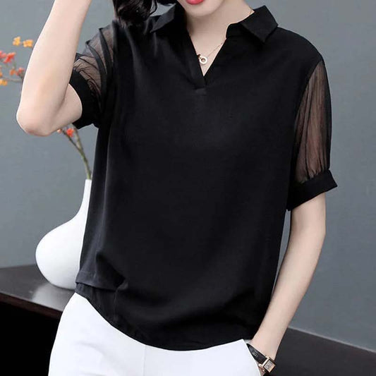 Chiffon Shirt 2022 Summer Black Short-sleeved V-neck Top Cover Belly Plus Size Women's Korean Mesh Blouses V Neck Lapel Tops Pullover Blouse Shirts