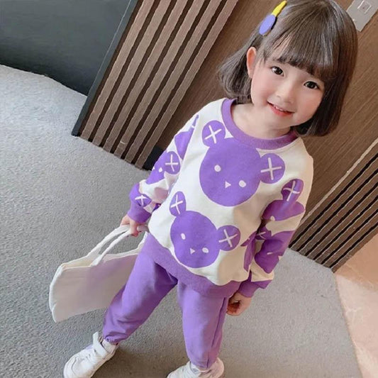 Girls Suits Spring and Autumn Clothing Baby Girl Sports and Leisure Round Neck Pullover Sweater Trousers Cute Bear Print Two-piece Set