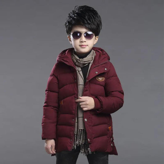 Boy's Cotton-padded Jacket Western Style Children's Coat Plus Velvet Padded Jacket Winter Clothes In The Big Children's Mid-length Korean Version