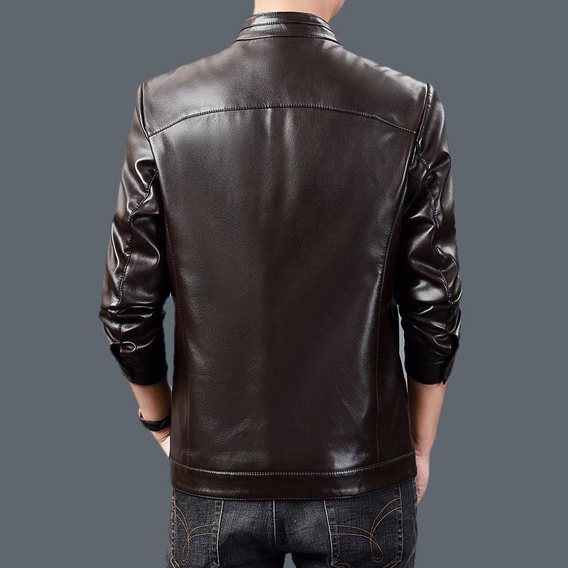 Stand-up Collar Plus Velvet Men's Leather Slim Fashion Young and Middle-aged Handsome Washed Leather Jacket