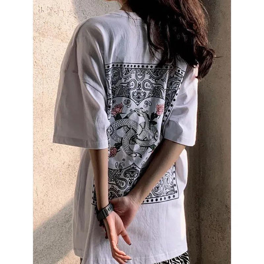 Summer Women Couple's Printed Short Sleeve Casual T-shirt Loose Vintage Round Collar Streetwear Cool T-shirt