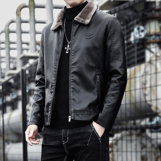 Young and Middle-aged Men's Leather Jacket Winter Fashion Fur One Leather Jacket Plus Velvet Thickening Warm Lapel Men's Leather Jacket