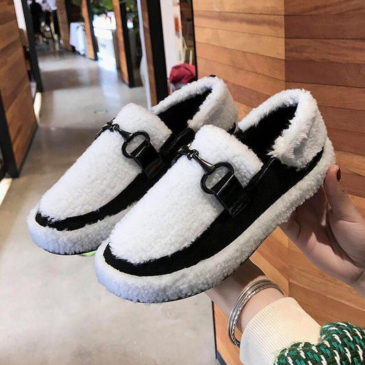 Autumn and Winter Peas Shoes Women's All-match Plus Velvet Outer Wear Flat Casual Shoes A Pedal Fur Shoes Moccasin Shoes