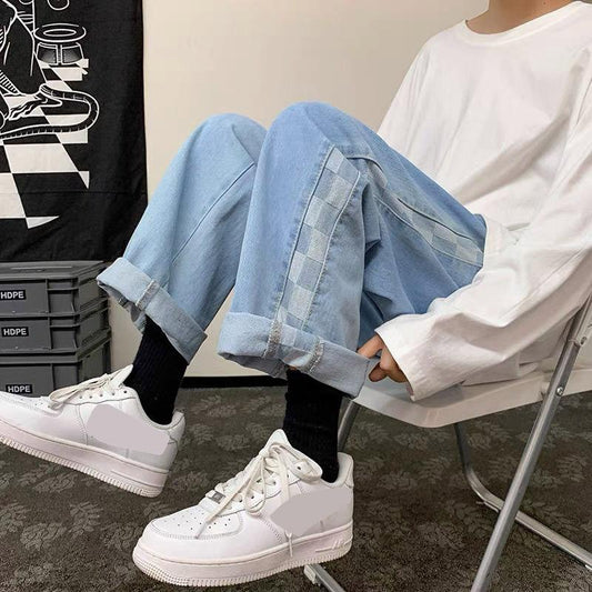Plaid Stitching Jeans Men's Korean Version of The Trend Loose Trousers Autumn Ins Hong Kong Style Casual Wide-leg Daddy Pants