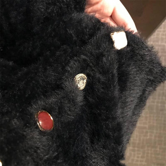 4 Colors Women Faux Mink Cashmere Lazy Loose Crew Neck Sweater Knitted Cardigan Button Coat