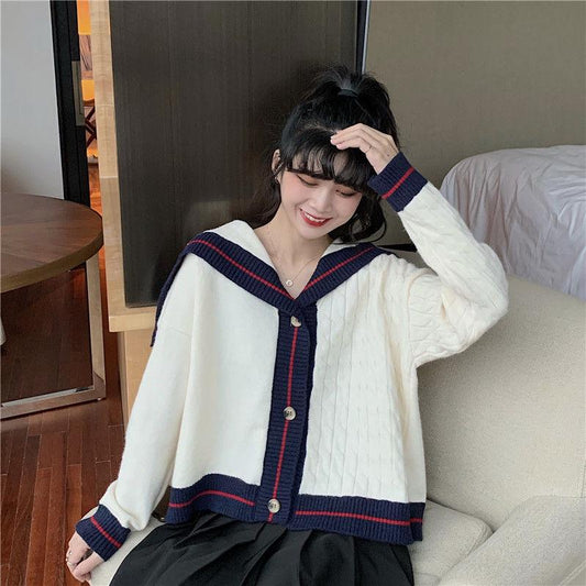Autumn and Winter College Style Navy Collar Contrast Color Design Sense Outer Wear Loose Long-sleeved Knitted Sweater Women