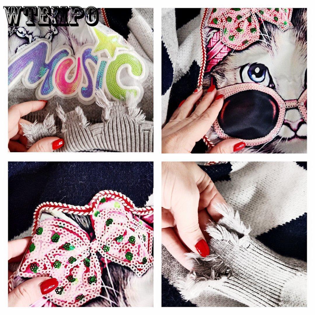Autumn Winter Cartoon Print Tassel Sweater Women Mid-length Pullover Knitwear Loose Casual Jumper Outer Wear