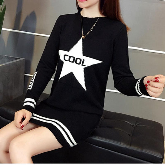 Autumn and Winter Mid-length Dress Long Sleeve Slim Round Neck Sweater