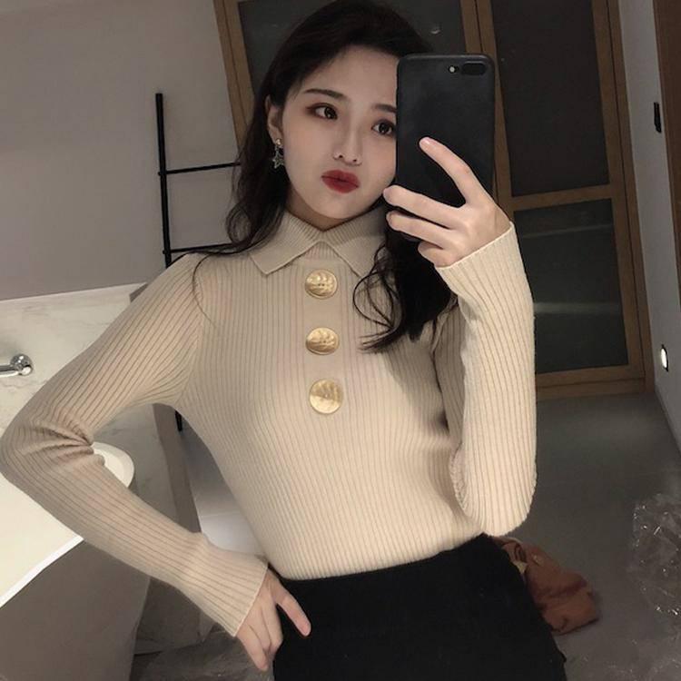 Thick core-spun yarn lapel sweater long-sleeved autumn and winter women's wild slim slimming inside
