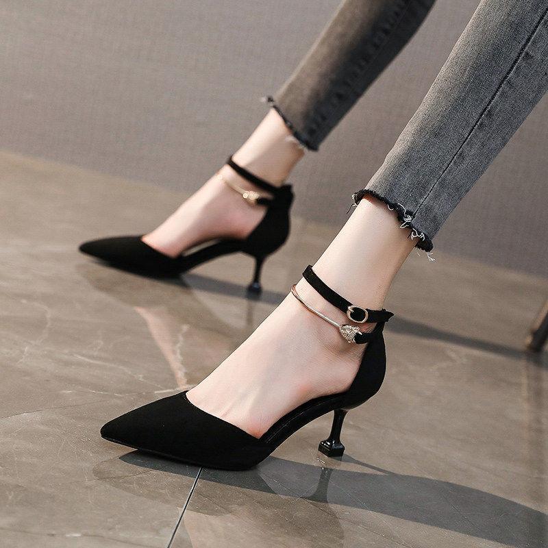 Spring Summer Mid-heel 7cm High-heeled Shoes Women's Stiletto Pointed Toe Toe Sandals One-word Buckle Hollow Single Shoes