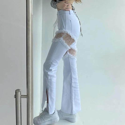 White Openwork Fork Jeans High Waist Thin European and American Style Splicing Bell Pants