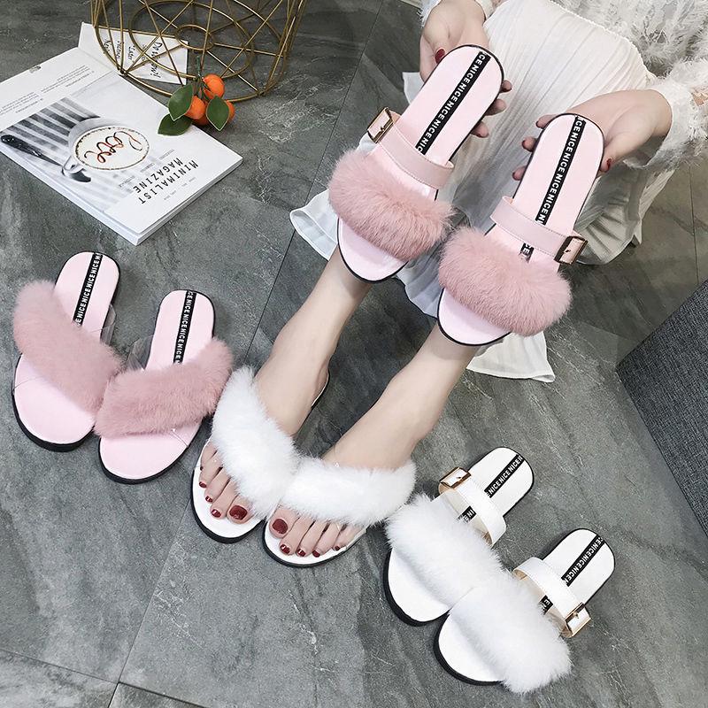 Furry sandals and slippers outside slippers four seasons popular summer women's shoes flat bottom