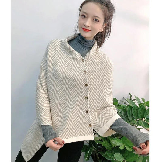Ladies Shawl Cloak Scarf Autumn Winter Dual-use Irregular Striped Printting Scarf Shawl Korean Style All Match Buttons Keep Warm