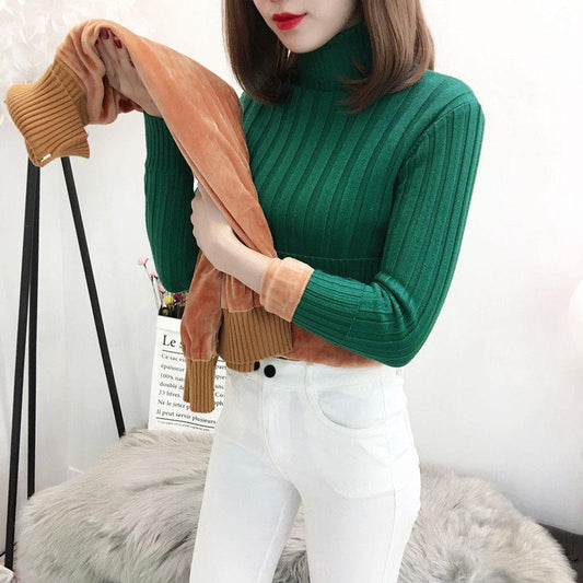 Large Size Warm Sweater Plus Velvet Thick Turtleneck Sweater Female Autumn and Winter Long Sleeves
