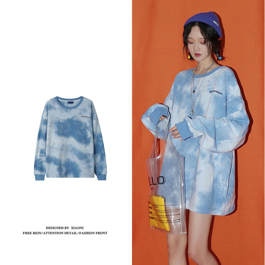 Spring Autumn Thin Casual Long-sleeved Letter Printing Pullover Sweatshirt Tops Ladies O- Neck Tie-dye Hoodies