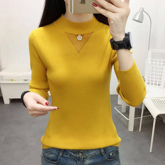 Pofulove Women's Turtleneck Pullover Slim Knit jumper Winter Hollow Gauze yellow Sweater Tops
