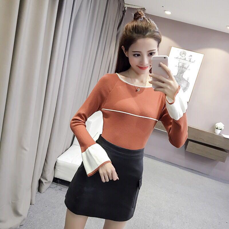 Pofulove matching slim round neck pullover long sleeve bottoming sweater women flared sleeves color