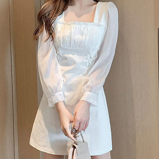 Autumn French Design Sense of Niche Temperament Skirt Is Thin Folds Square Collar White Waisted Celebrity Dress