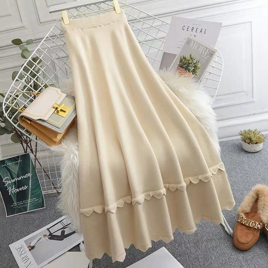 Knitted Skirt Mid-length A-line Skirt for Autumn Winter Female High-waist Lace Woolen Line Pleated Skirt