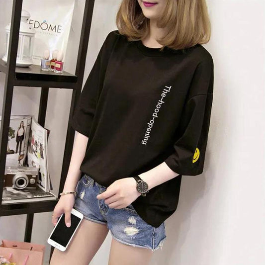 Short Sleeve T-Shirt Ladies Half Sleeve Summer Student Loose Large Size Women's Black and White Bottoming Shirt