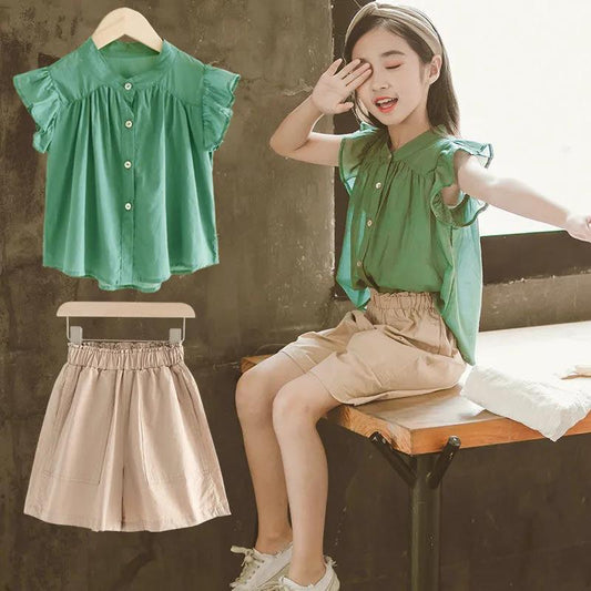 Girls' Suits Summer Clothes Western Style Girl's Shorts Two-piece Short Skirts Middle and Large Children Korean Students