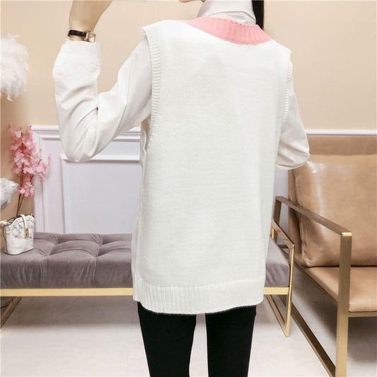 Student College Style V-neck Vest Color Matching Embroidery All-match Knitted Vest Spring and Autumn Outer Sweater Women