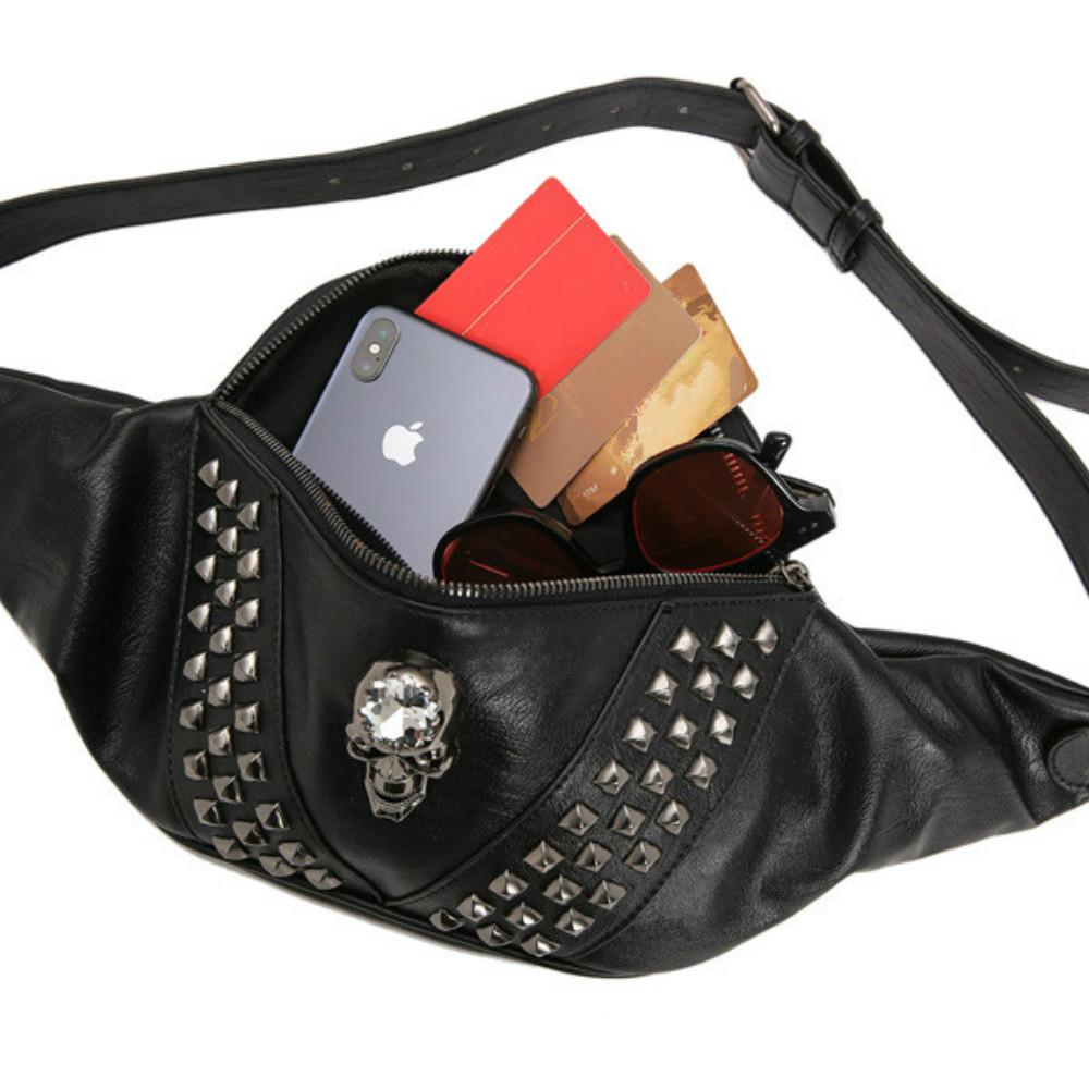 Hip Hop Waist Men and Women Leather Rivet Zircon Chest Bag Messenger Bag Sports Shoulder Bag