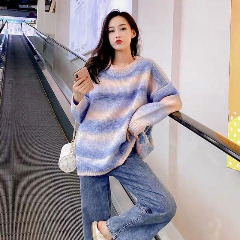 Autumn Winter Rainbow Sweater Slimming Women's Loose Outer Wear Cocoon Casual Long-sleeved Sweater Top