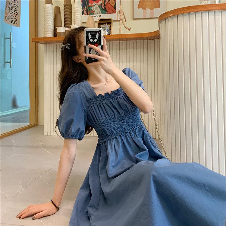 Summer Retro French Casual Solid Color Over-the-knee Long Skirt Waist Puff Sleeve Square Neck Short-sleeved Dress