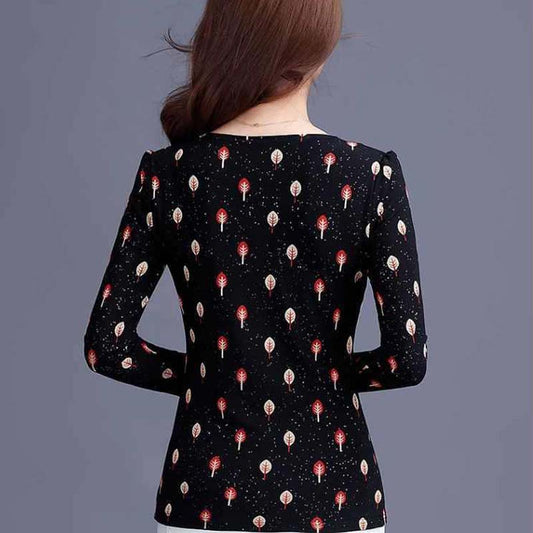 Women's Spring and Autumn Long-sleeved Shirt Slim Print Round Neck Bottoming Shirt Top