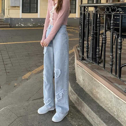 Retro Patch Jeans Female Autumn High Street VIBE Wind Wild Display Thin Vertical Straight Wide Leg Pants
